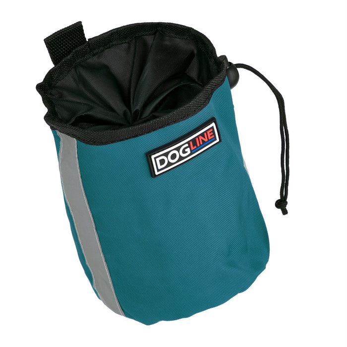 Teal dog treat pouch with drawstring and waste bag dispenser