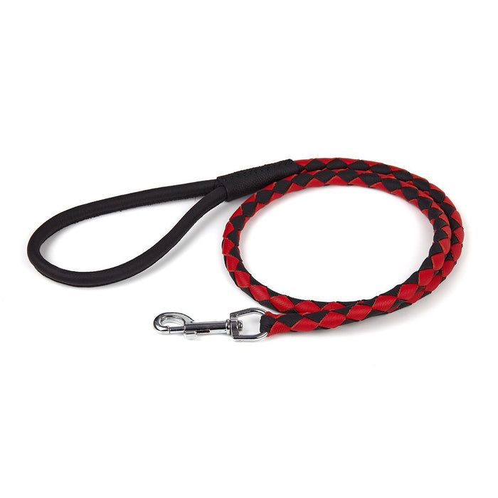 Black and red leather dog leash with metal swivel clip, braided