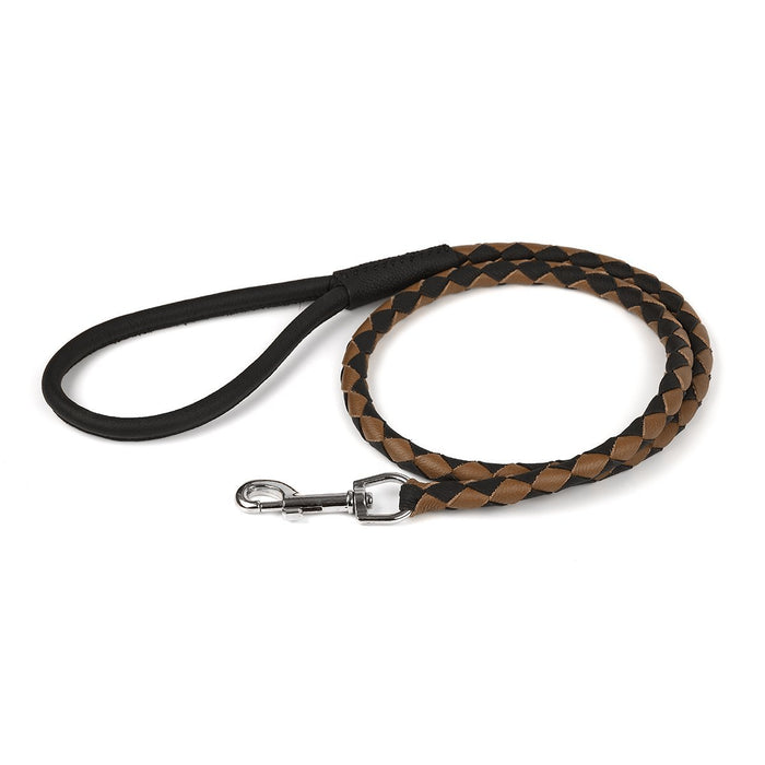 Black and brown leather dog leash with metal swivel clip, braided