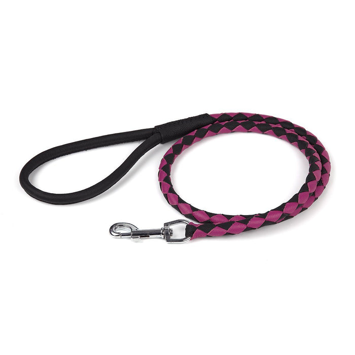 Black and pink leather dog leash with metal swivel clip, braided