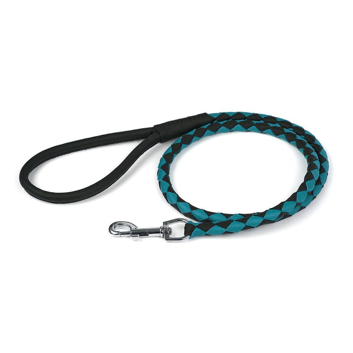 Black and teal leather dog leash with metal swivel clip, braided