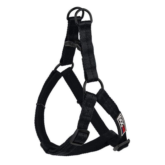 Black nylon dog harness with quick release buckle and metal rings, flat step-in design, x-small and small size