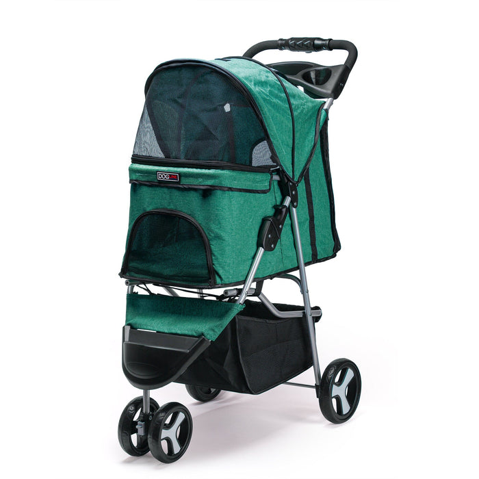 Teal pet stroller with removable cup holder and storage compartment