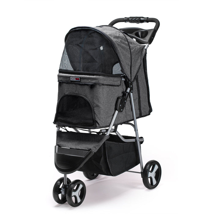 Gray pet stroller with removable cup holder and storage compartment