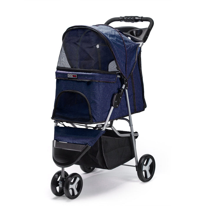 Blue pet stroller with removable cup holder and storage compartment