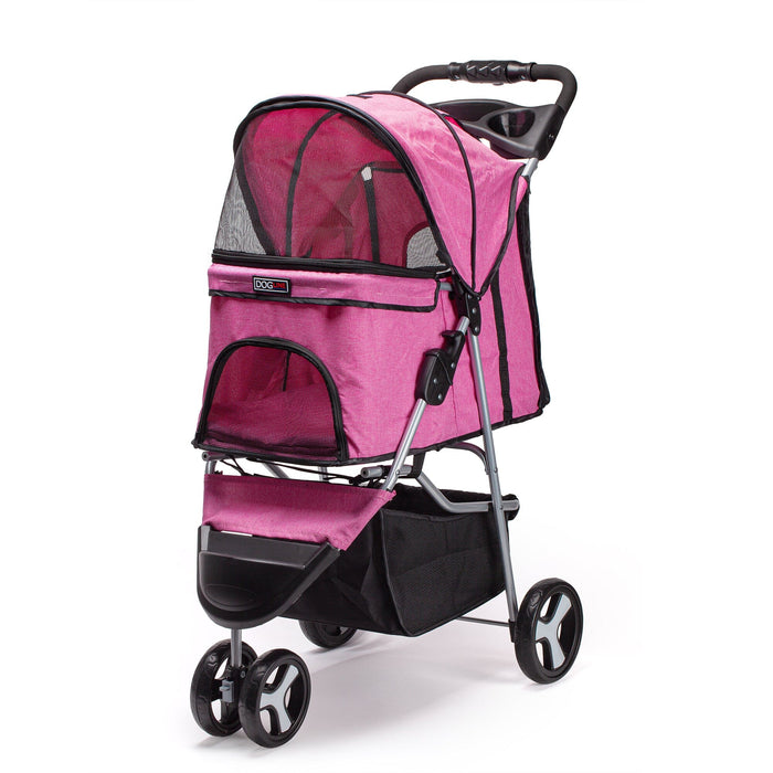 Pink pet stroller with removable cup holder and storage compartment