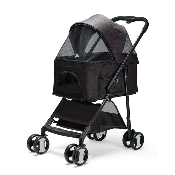Black 4 wheel pet stroller for dogs and cats, foldable, with removable cradle