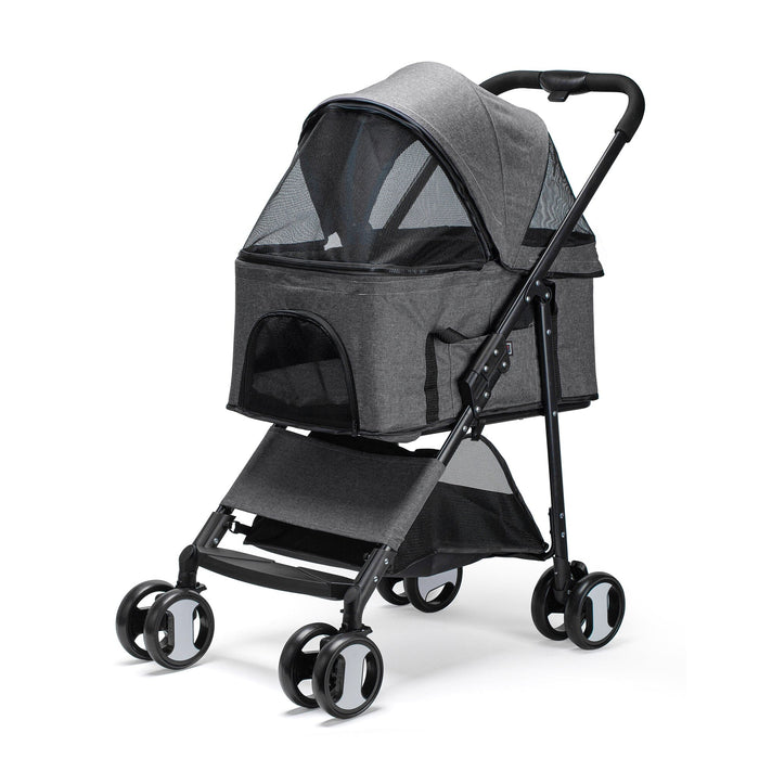 Gray 4 wheel pet stroller for dogs and cats, foldable, with removable cradle
