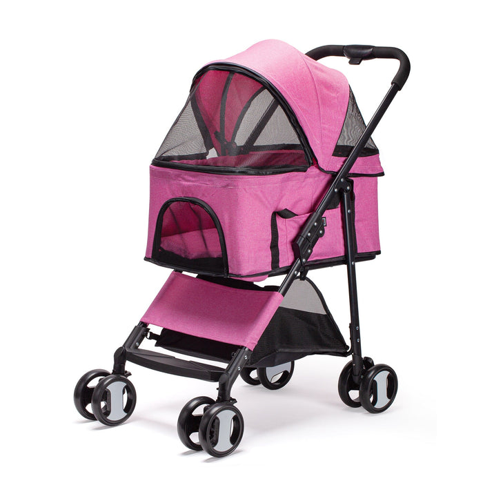 Pink 4 wheel pet stroller for dogs and cats, foldable, with removable cradle