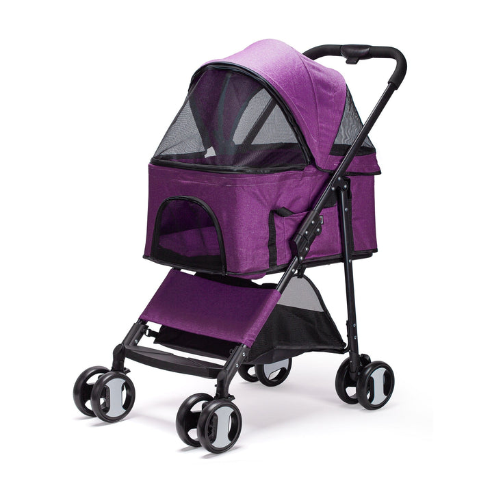 Purple 4 wheel pet stroller for dogs and cats, foldable, with removable cradle