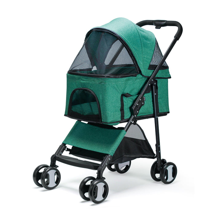 Teal 4 wheel pet stroller for dogs and cats, foldable, with removable cradle