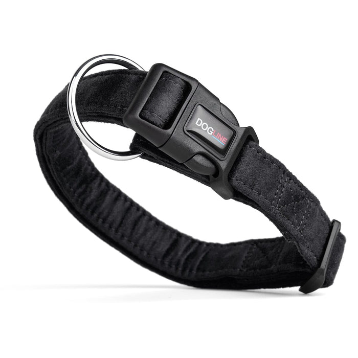 Black dog collar with quick release buckle and metal ring, made from soft microfiber, 3/4- and 1-inch wide