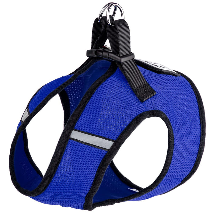 Blue dog harness with plastic quick release buckle and built-in loop backing for patches, made from mesh nylon
