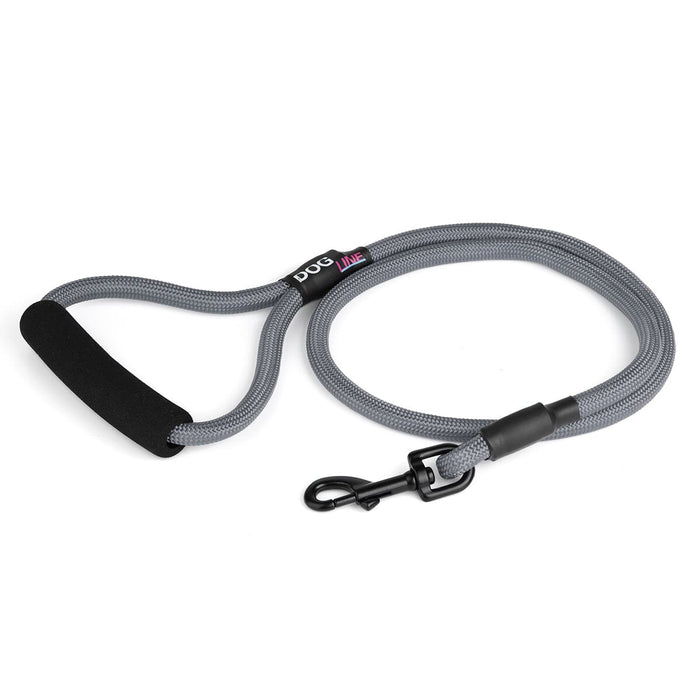 Gray nylon dog leash with black snap hook and padded neoprene handle, round rope design, 4 ft long