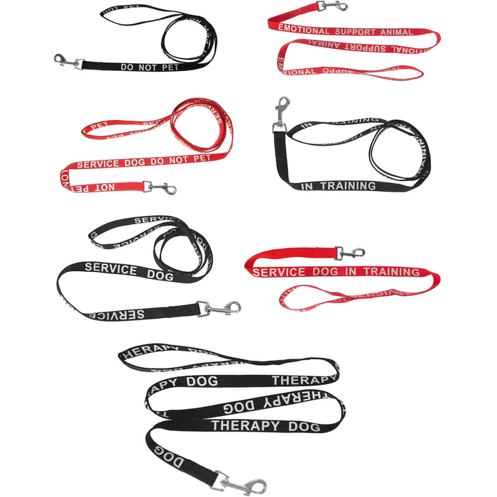 Nylon leashes for dogs with reflective print, black and red color options; Service Dog, ESA, In Training, Adopt Me, Therapy Dog lettering available