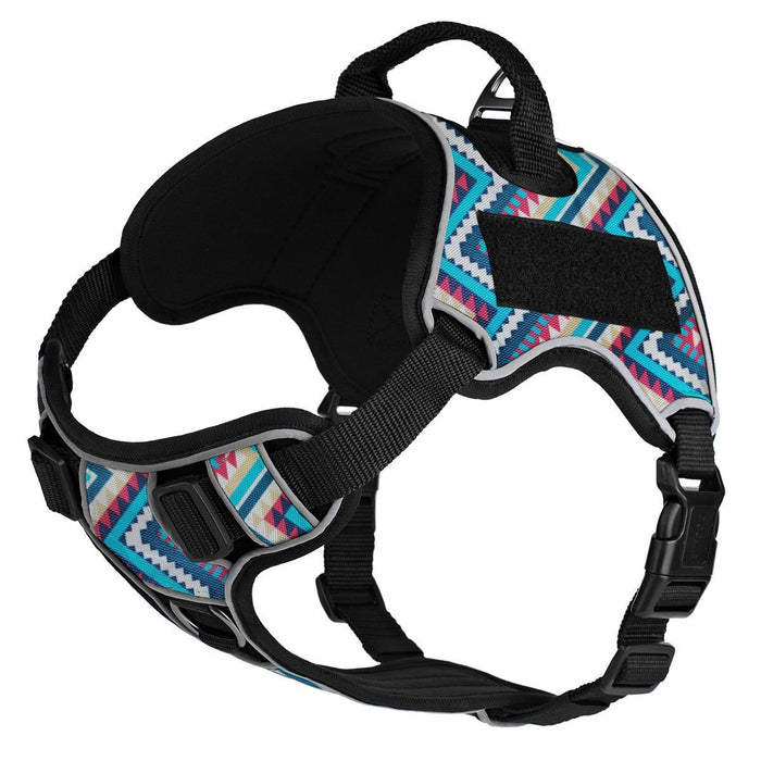 Aztec pattern dog harness with top handle and loop backing for hook and loop patches, adjustable, made from Neoprene