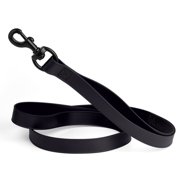Black waterproof dog leash with two or three handles and black metal clip, made from Biothane