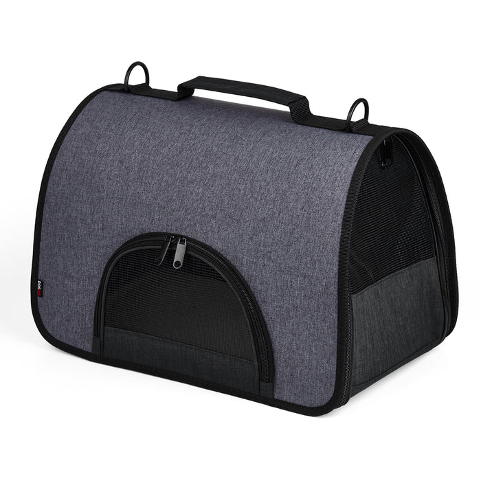 Black pet carrier for small dogs and cats with mesh screens, collapsible design