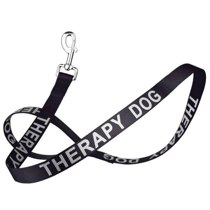 Therapy Dog black nylon dog leash with reflective lettering text
