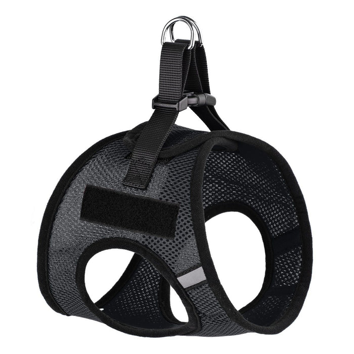 Black dog harness with loop backing fastener for patches and quick release buckle, made from nylon mesh