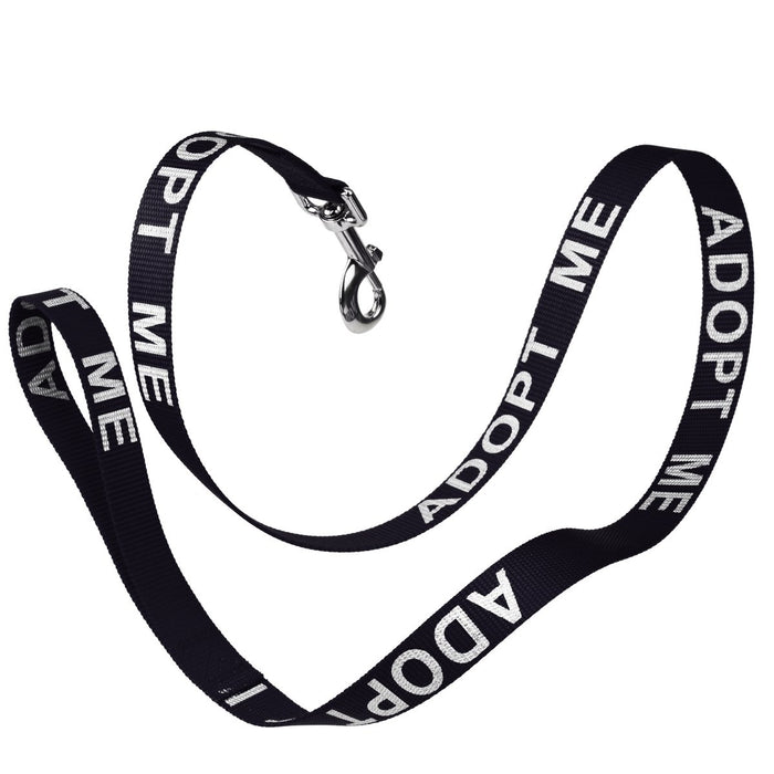 Adopt Me black nylon dog leash with reflective lettering text