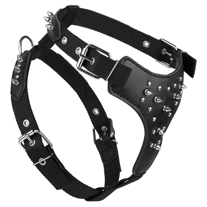 Black leather and nylon dog harness with studs and spikes, buckle fastener, metal D-ring for leash attachment