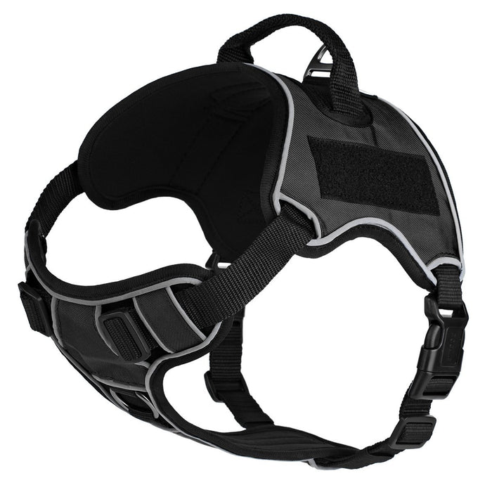 Black dog harness with top handle and loop backing for hook and loop patches, adjustable, made from Neoprene