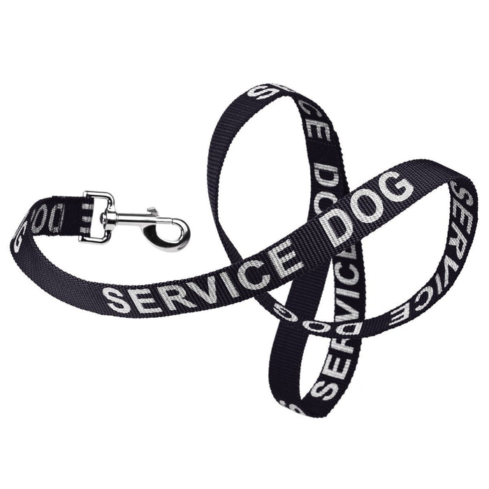Service Dog black nylon dog leash with reflective lettering text