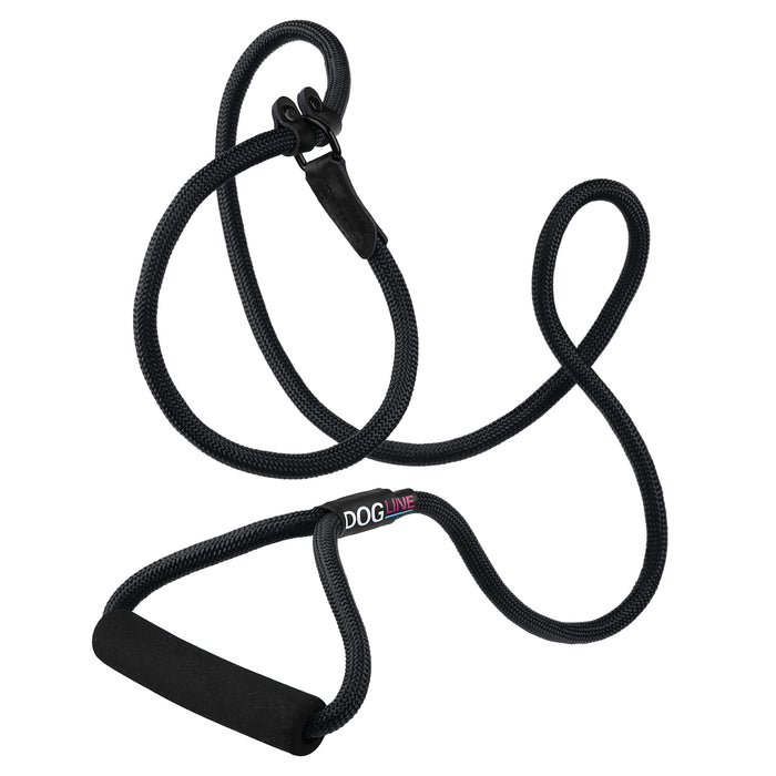 Black nylon slip lead with padded neoprene handle, 1/2 inches wide, round rope design