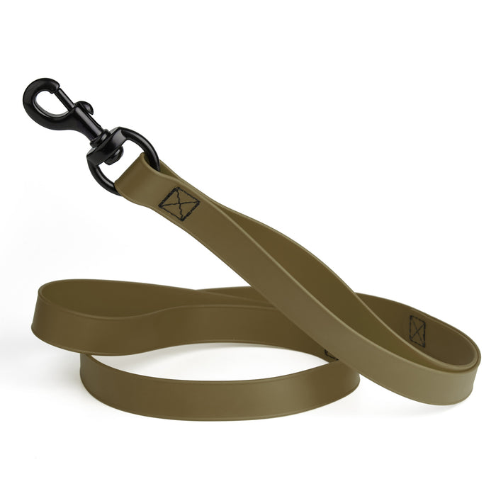 Coyote brown waterproof dog leash with two or three handles and black metal clip, made from Biothane