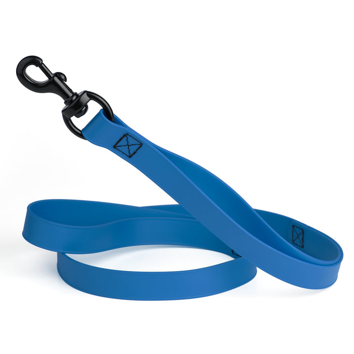 Cerulean blue waterproof dog leash with two or three handles and black metal clip, made from Biothane