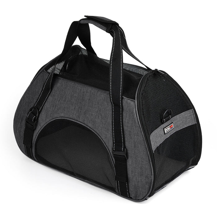 Small dog carrier bag with ventilated mesh sides and door, gray