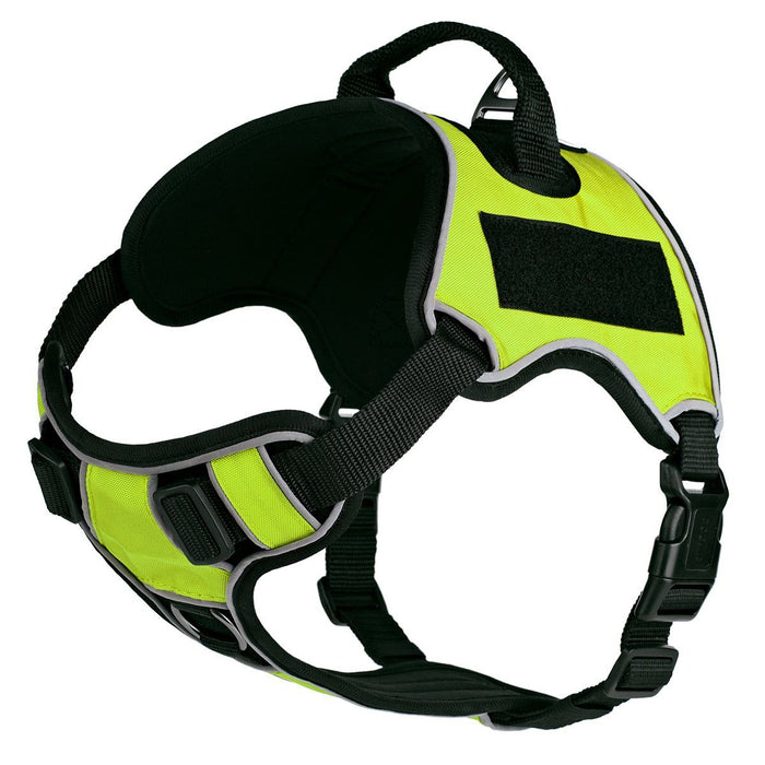 Green dog harness with top handle and loop backing for hook and loop patches, adjustable, made from Neoprene