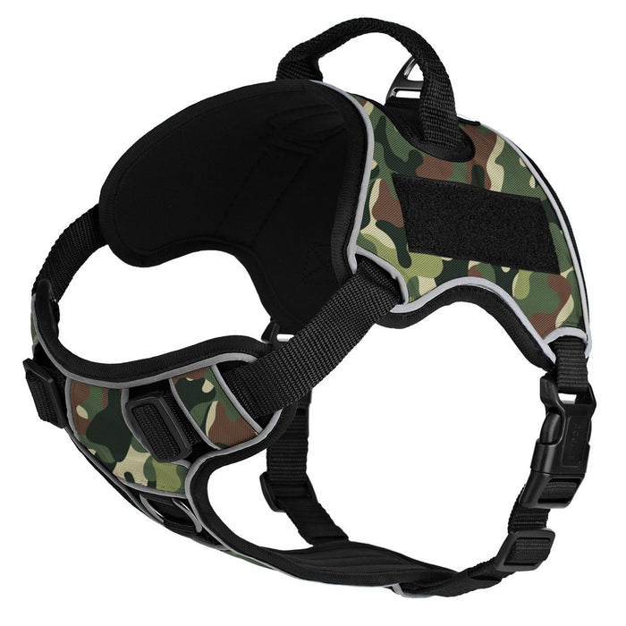Green camo dog harness with top handle and loop backing for hook and loop patches, adjustable, made from Neoprene