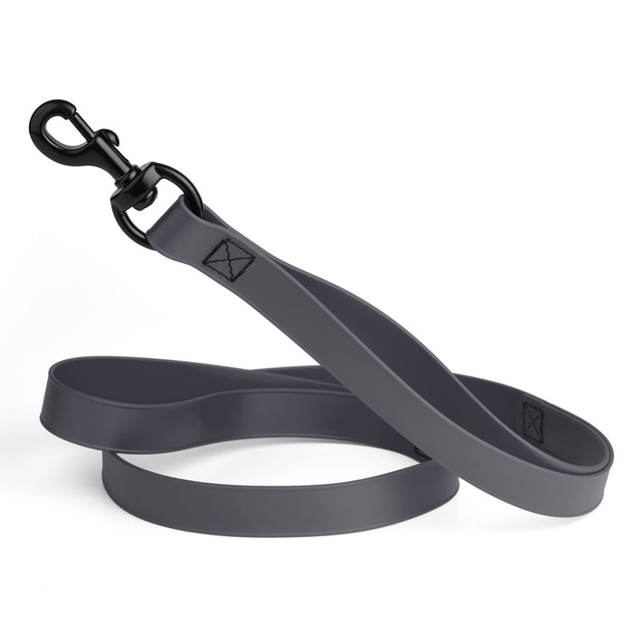 Battleship gray waterproof dog leash with two or three handles and black metal clip, made from Biothane