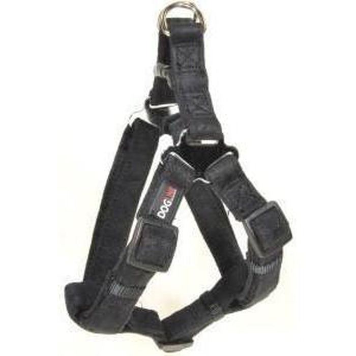 Black dog harness with quick release buckle, made from soft microfiber, step-in, flat design