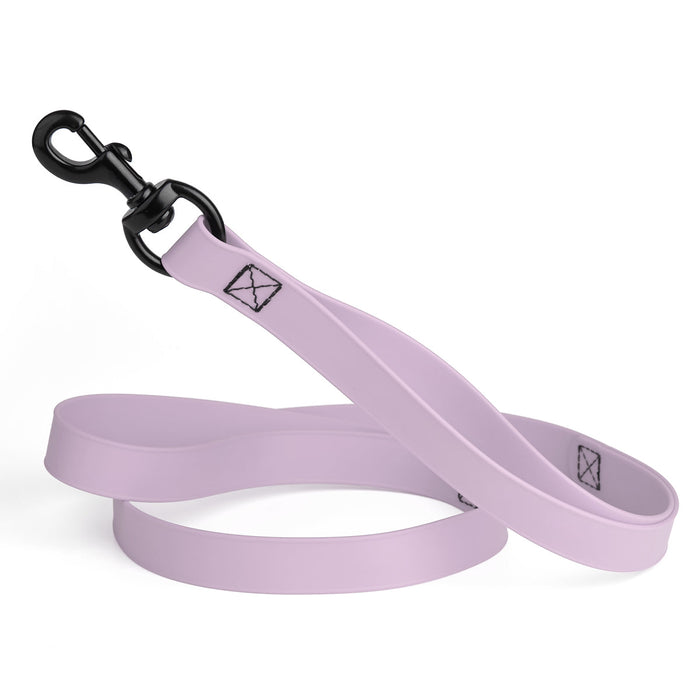Pastel purple waterproof dog leash with two or three handles and black metal clip, made from Biothane