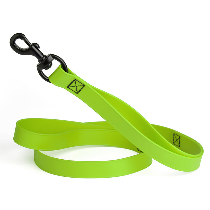 Tropical green waterproof dog leash with two or three handles and black metal clip, made from Biothane