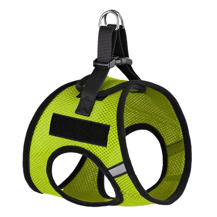 Lime green dog harness with loop backing fastener for patches and quick release buckle, made from nylon mesh