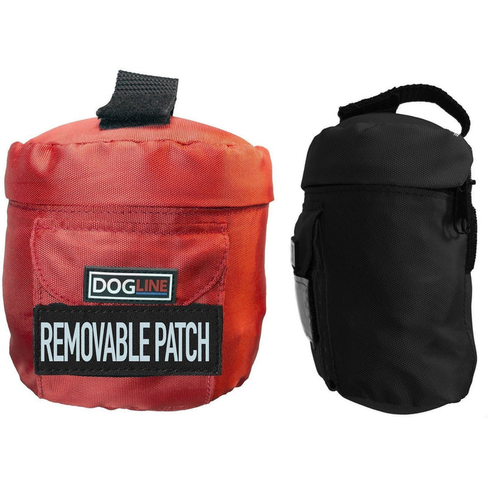 Removable side bags for dog harness with loop backing for attaching patches, made from nylon; red and black colors