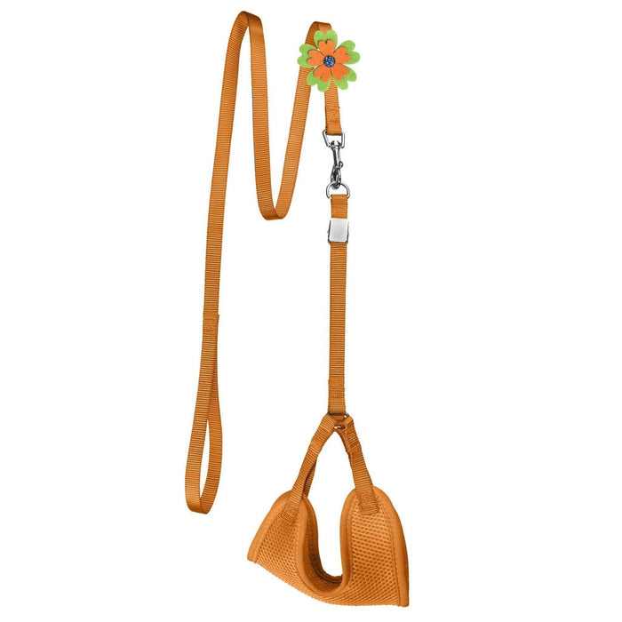 Orange dog harness and dog leash set (with optional flower decoration), made from nylon