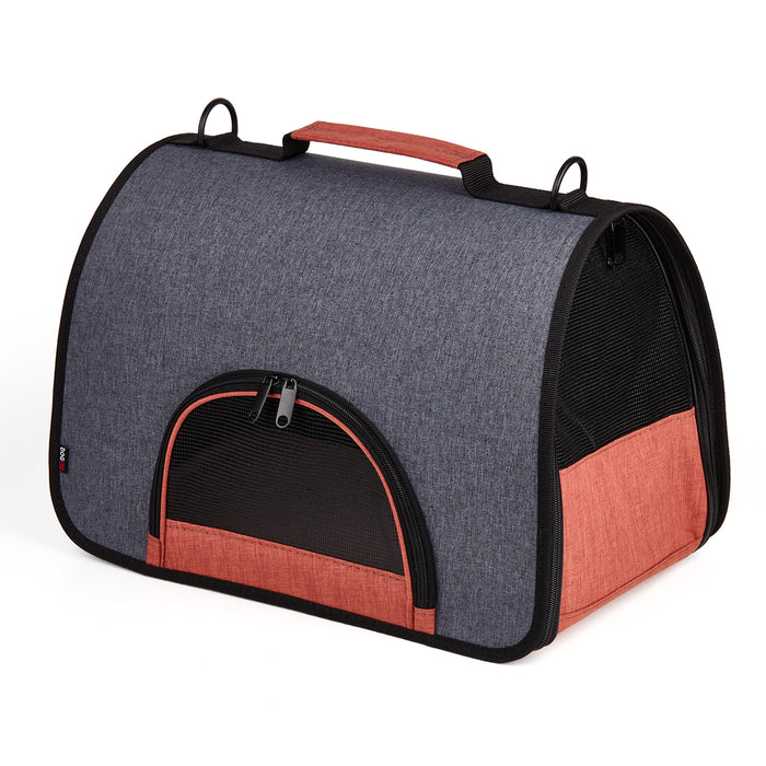 Black and orange pet carrier for small dogs and cats with mesh screens, collapsible design