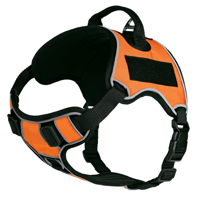 Orange dog harness with top handle and loop backing for hook and loop patches, adjustable, made from Neoprene