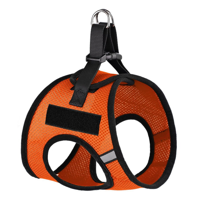 Orange dog harness with loop backing fastener for patches and quick release buckle, made from nylon mesh