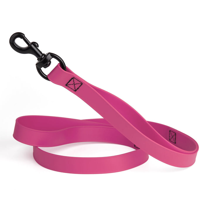 Passionfruit pink waterproof dog leash with two or three handles and black metal clip, made from Biothane