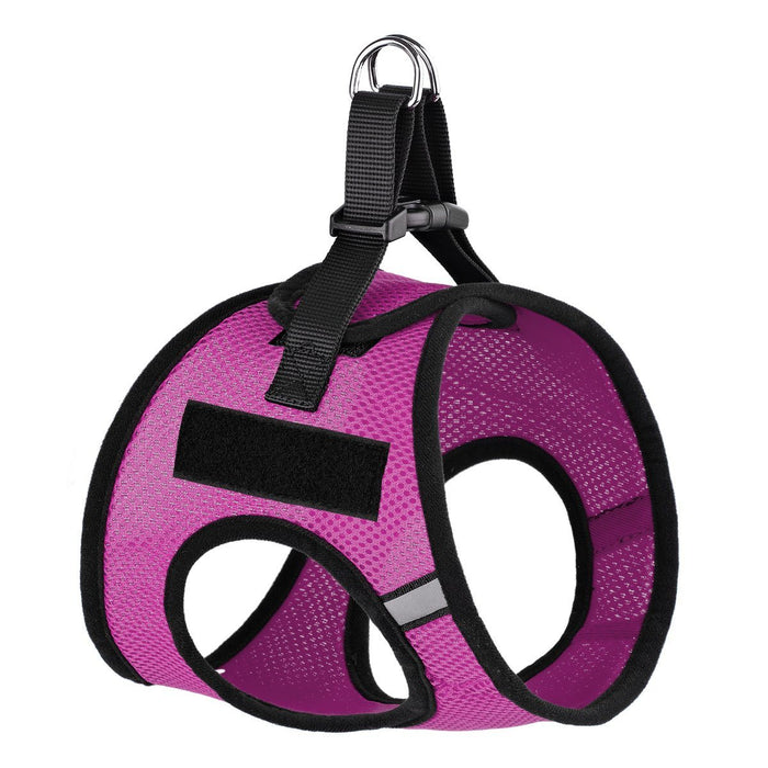 Pink dog harness with loop backing fastener for patches and quick release buckle, made from nylon mesh
