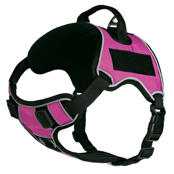 Pink dog harness with top handle and loop backing for hook and loop patches, adjustable, made from Neoprene