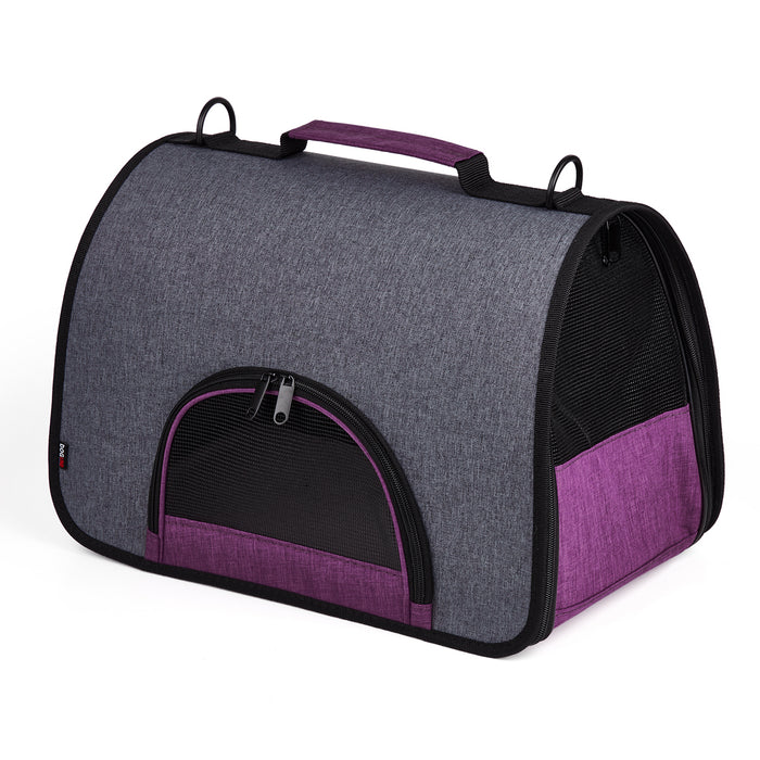 Black and purple pet carrier for small dogs and cats with mesh screens, collapsible design