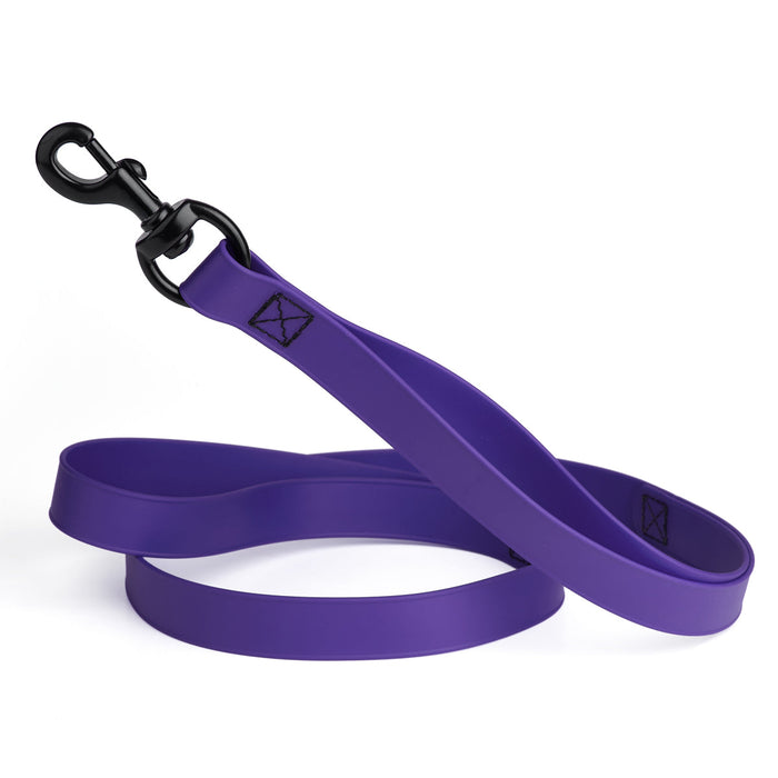 Violet purple waterproof dog leash with two or three handles and black metal clip, made from Biothane