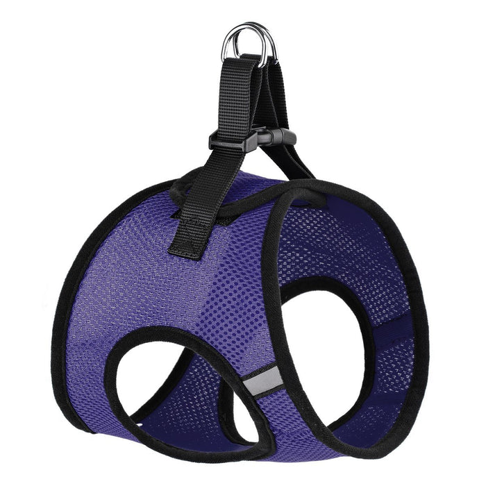 Purple dog harness with quick release buckle and reflective strips, made from breathable nylon mesh